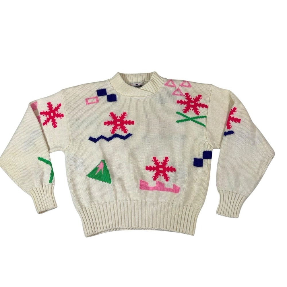 Vtg Obermeyer Sport Neon Color Snow Flake‎ Wool Blend Pullover Sweater Sz S